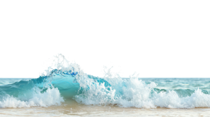 Vibrant blue ocean wave crashing on sandy beach, capturing summer essence. Isolated on white/transparent background.