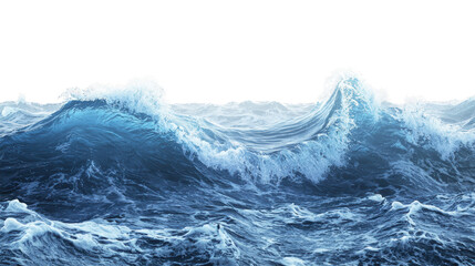 Majestic blue sea waves crashing with energy and motion, isolated on white/transparent background.