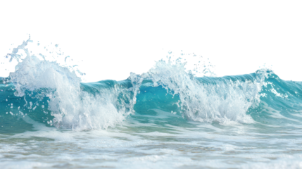 Vibrant blue sea waves crashing on shore create refreshing scene. Isolated on white/transparent background.