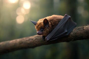 Obraz premium Small brown bat resting on a branch in a forest during the early evening light