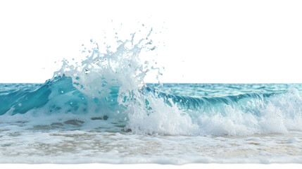 Vibrant blue sea wave crashing on sandy beach, creating refreshing splash. Isolated on white/transparent background.