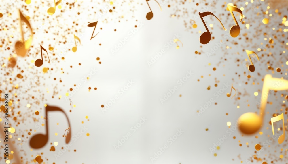 Poster Golden musical notes float against white background. Creative 3D rendering of music notes, glitter confetti. Elegant abstract design. Suitable for music events, festivals, posters creative