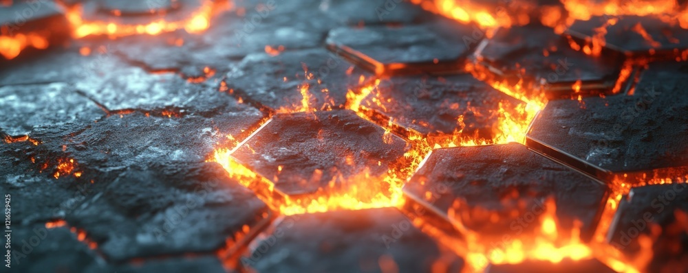 Poster digital cyberspace. information clusters. hexagons burning with flaming edges. 3d depiction of a fut