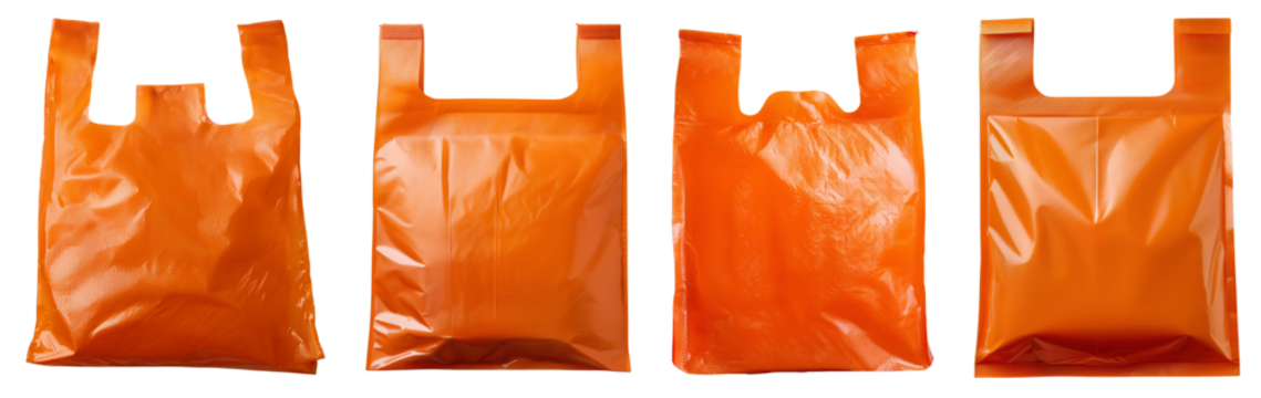 Four vibrant orange plastic bags showcasing the importance of recycling and sustainable living.