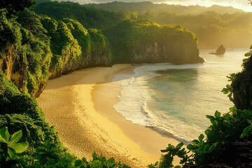 Golden sands of a crescent beach framed by towering cliffs and lush greenery, the beach bathed in...