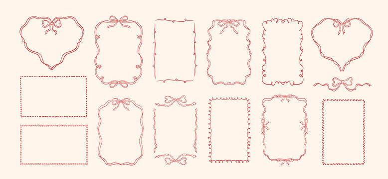 Doodle hand drawn coquette frames with hearts, wavy lines, bows and ribbons. Trendy vintage whimsical borders for wedding invitations, birthday card, prints. Vector modern illustration.
