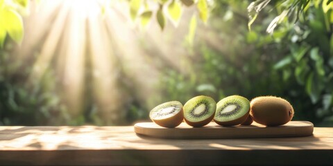 A wooden board with several kiwi fruits cut in half, with sunlight shining on them, plants on background