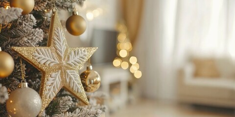 a gold star Christmas tree decoration with white snowflakes and golden baubles, with a blurred living room background