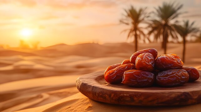 Fresh medjool dates on a wooden plate at desert.