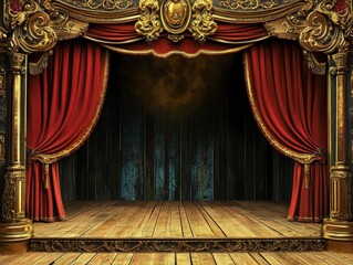 ornate theater stage with red curtains and wooden floor