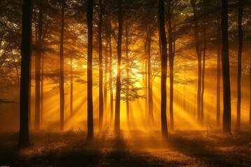 Obraz premium Golden sunrise casting a warm glow over a misty forest, highlighting the silhouettes of tall trees and creating a serene, ethereal atmosphere.