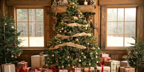Christmas tree adorned with ribbon and pine cones, surrounded by gifts in an elegant wooden house