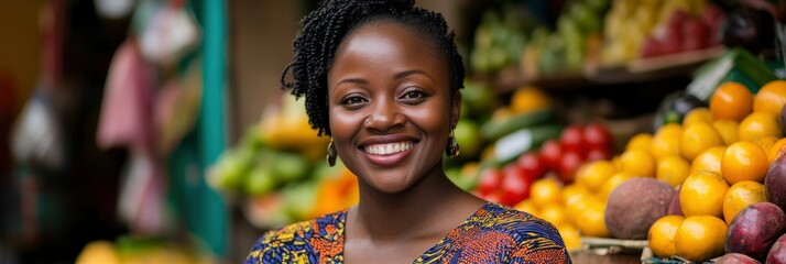 a smiling black woman in front of colorful fruits at a market