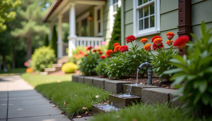 Gutter system with flowing water and blooming flowers beside front walkway