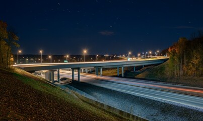 Elevated Highway Interchange with Blurry Light Trails at Night