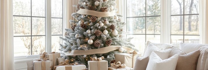 Christmas tree adorned with ribbon and pine cones, surrounded by gifts in an elegant wooden house