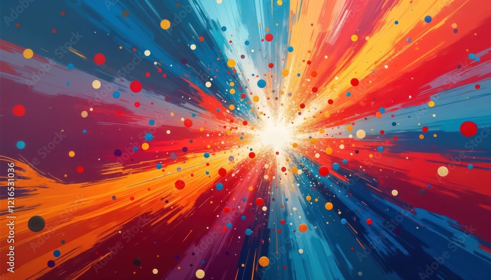 Poster Abstract painting with dynamic brushstrokes, vivid colours. Explosion of vibrant colours. Radial movement. Modern art style with colorful swirls, splashes. Energetic abstract expressionism. Creative,