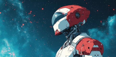 Astronaut Robot Gazing Into Distant Space Nebula