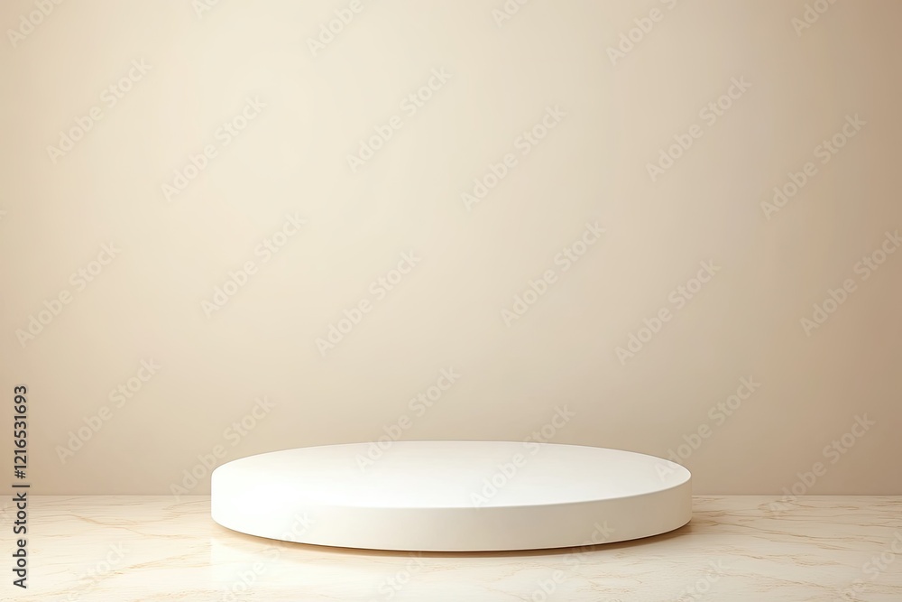 Poster minimalistic display platform against soft beige backdrop, perfe