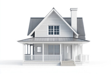 Small white house with porch and porch swing. Bright colors, blue sky, green trees in background. Serene setting, inviting atmosphere.