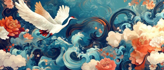 white crane flying over swirling blue waves and colorful flowers, digital art