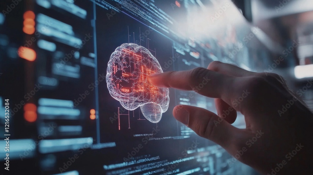 Canvas Prints artificial intelligence and medical science concept, hand interacting with digital brain hologram on