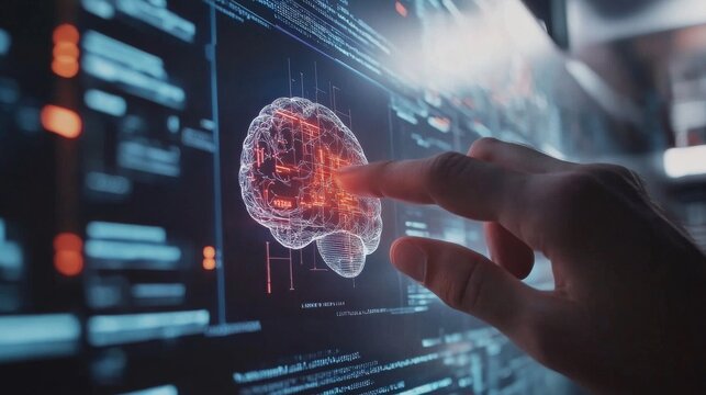 Artificial intelligence and medical science concept, hand interacting with digital brain hologram on a modern computer screen, surrounded by data and code for innovative healthcare technology and digi