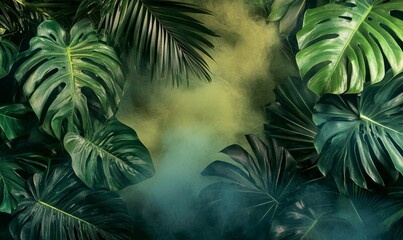 Dramatic scene with lush green tropical leaves contrasted against a dynamic, smoky gradient background, combining natural elements with artistic intrigue