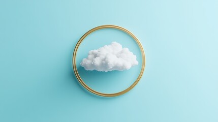 White Fluffy Cloud Golden Circle Minimalist Blue Background