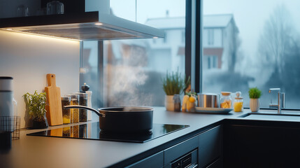 スタイリッシュなキッチンでの料理シーン