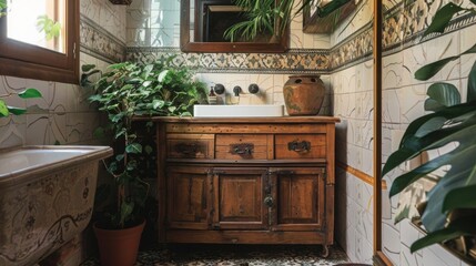 Rustic Bathroom Interior Design with Vintage Wooden Vanity and Lush Greenery