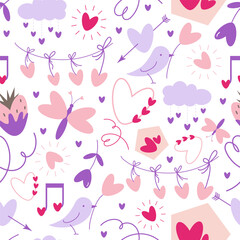 Vector doodle Valentines day, love season or spring seamless pattern with heart shape elements such as flower, birds, garland, music note, strawberry, butterfly, cloud, house.
