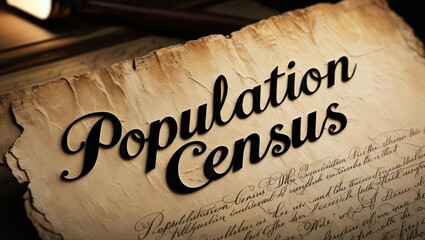 population census Concept. An aged document featuring the words "Population Census," highlighting historical record-keeping and demographic information.