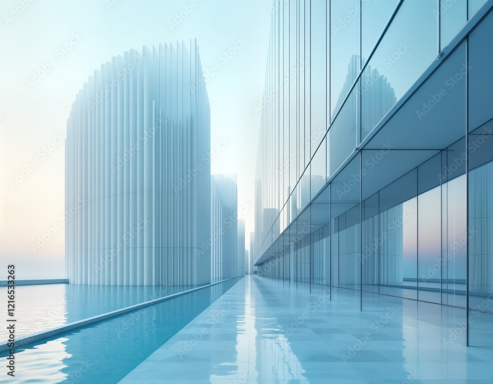 Poster Modern architecture futuristic building with reflective glass panels. Abstract design with light blue tones. Stylish, sleek. Pathway in center leads to another futuristic building. Water pool edge,