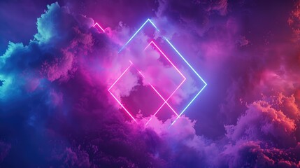 Fototapeta premium A vibrant digital artwork featuring neon geometric shapes amidst colorful clouds.