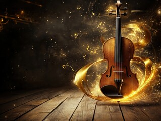 violin with golden glowing effects on a wooden stage
