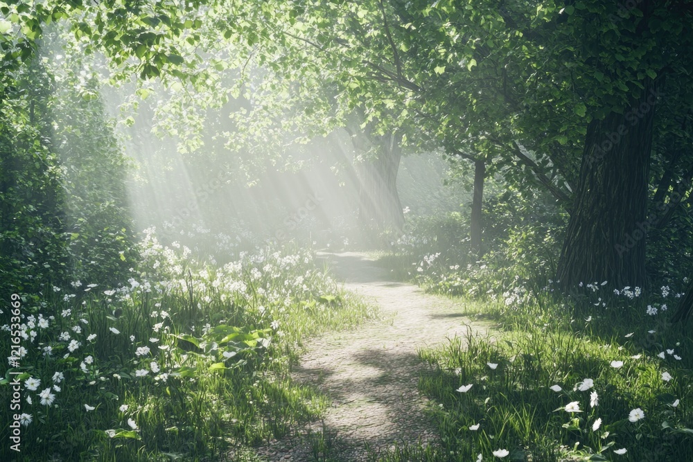 Poster lush forest path illuminated by soft sunlight, surrounded by vib