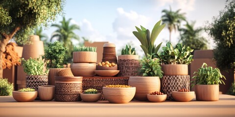 Fototapeta premium Desert oasis plants in pots, sunny day, palm trees, tranquil scene