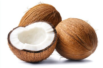 Ripe coconuts halved, studio shot, white background, food