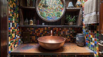 Fototapeta premium Vibrant Mosaic Bathroom Interior Design with Copper Sink and Rustic Accents
