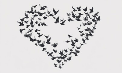 Fototapeta premium Flock of birds flying together in shape of a heart on white background