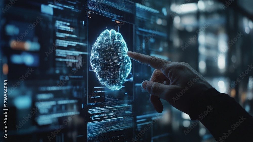 Aufkleber artificial intelligence and medical science concept, hand interacting with digital brain hologram on