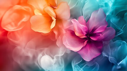 Fototapeta premium Vibrant abstract flowers in soft focus, blending colors of orange, pink, and blue, creating a dreamy atmosphere.