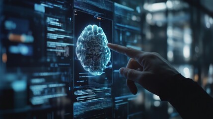 Artificial intelligence and medical science concept, hand interacting with digital brain hologram on a modern computer screen, surrounded by data and code for innovative healthcare technology and digi