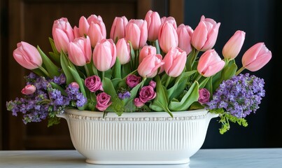 Obraz premium Floral arrangement featuring pink tulips and purple blooms in a white planter