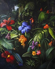 A vibrant tropical scene filled with colorful flowers and lush foliage.