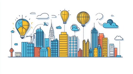 Fototapeta premium Stylized cityscape illustration with hot air balloons and clouds