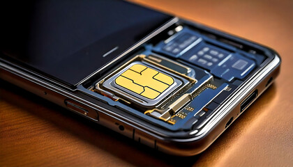 High-detail close-up showcasing a smartphone's internal SIM card slot and circuitry.  Perfect for technology, repair, or telecommunications concepts.