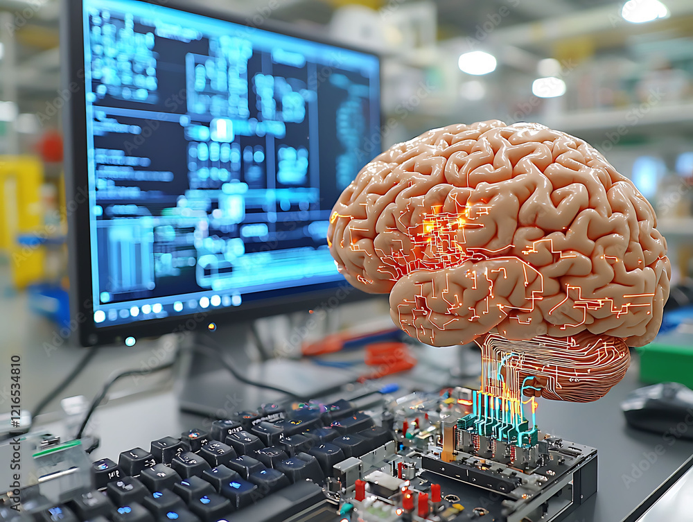 Poster stunning visual of a human brain model interfacing with a circuit board and computer, symbolizing ai