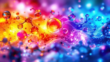 Vibrant molecular structures in a colorful abstract design of atoms and particles